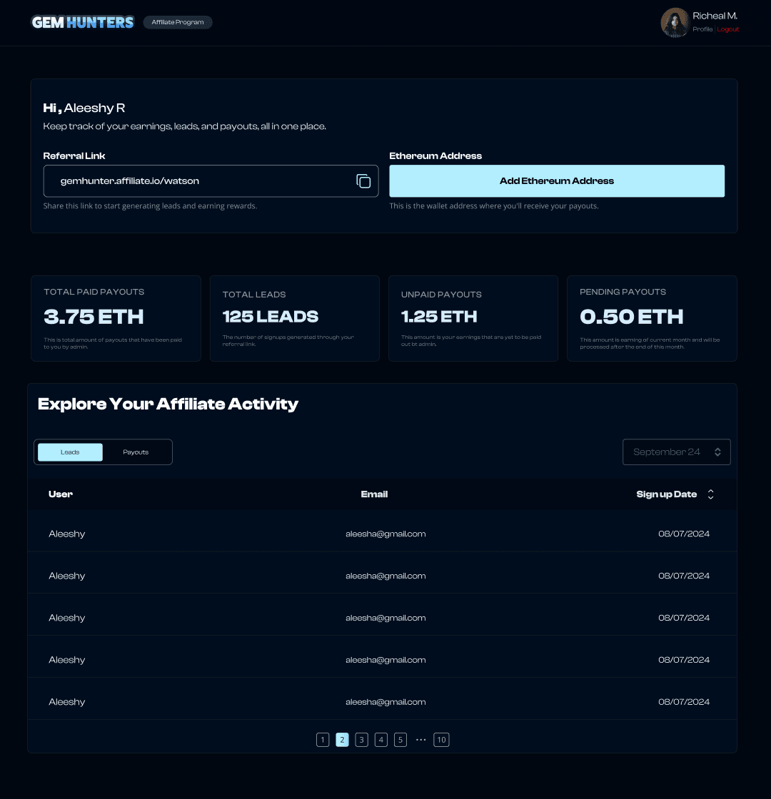 GemHunters-Affiliate Program feature Frontend