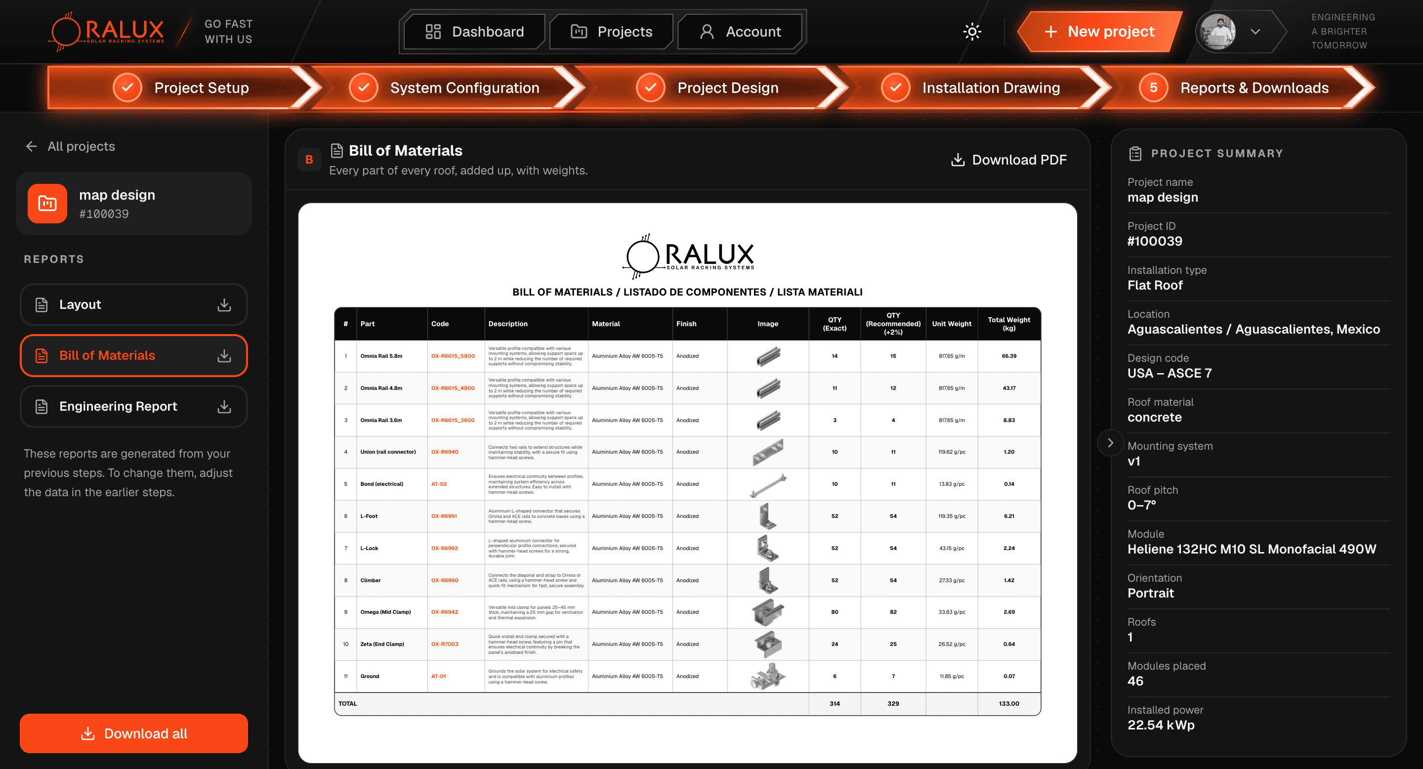 Ralux Solar configurator: bill of materials step with project summary, built by Subhan Nadeem