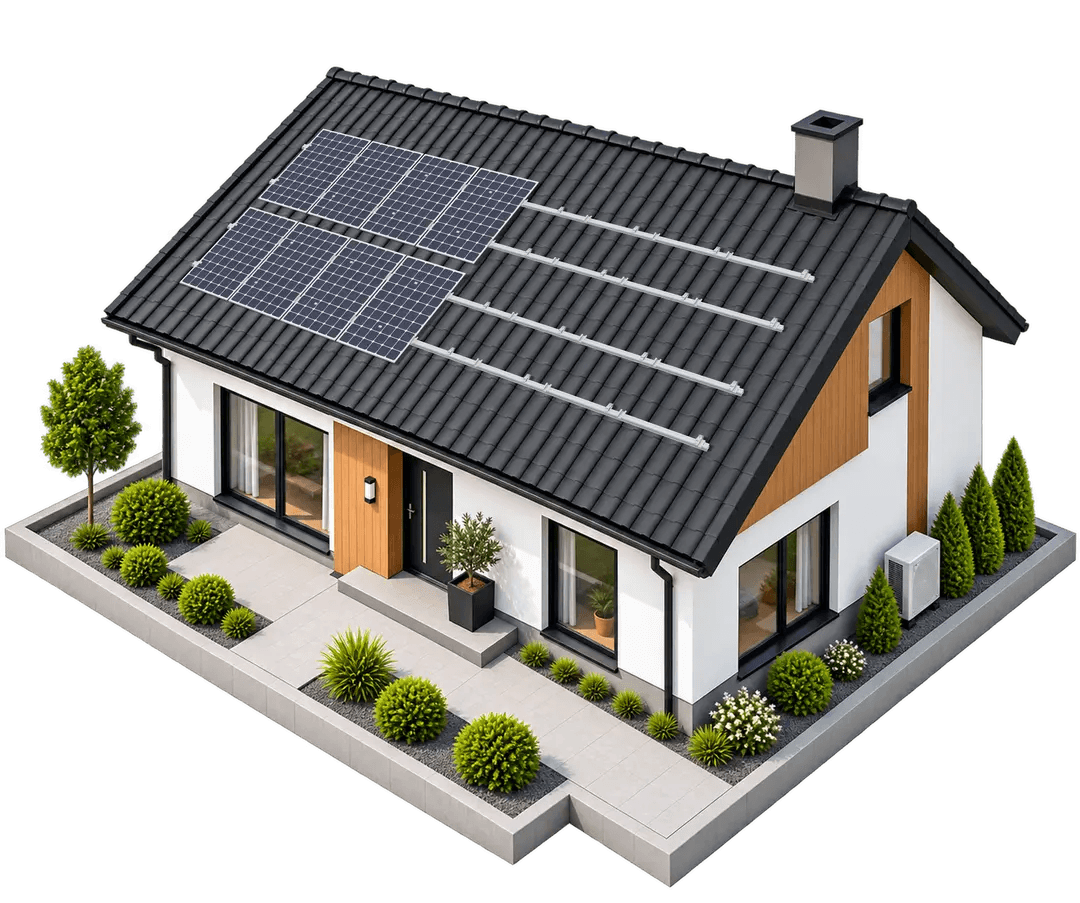 3D model of a house with a solar mounting system being installed on the roof
